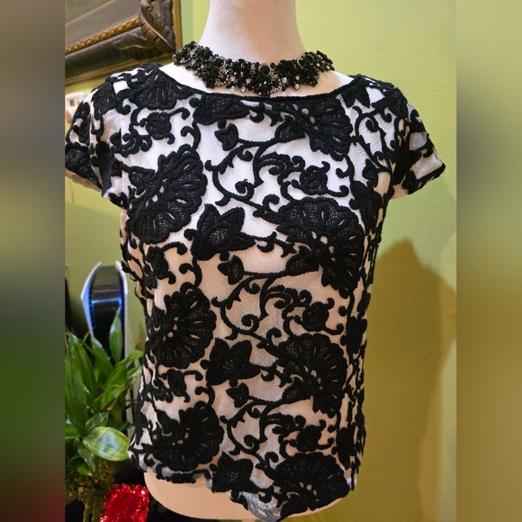Alice + Olivia Tops - Alice + Olivia Black and White Graphic Embellished Blouse